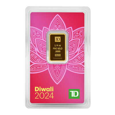 A picture of a 1/4 oz TD Diwali Gold Bar (2024)